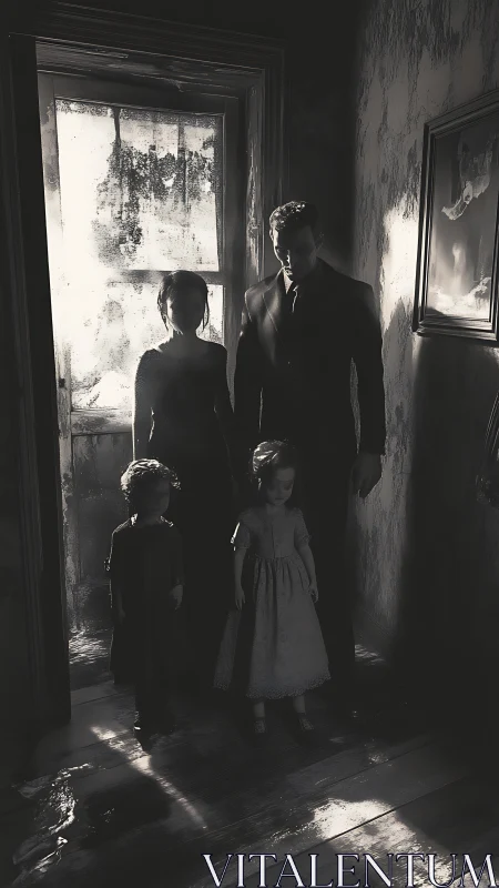 Silent family in ruined light, a corridor of unfinished ghosts.