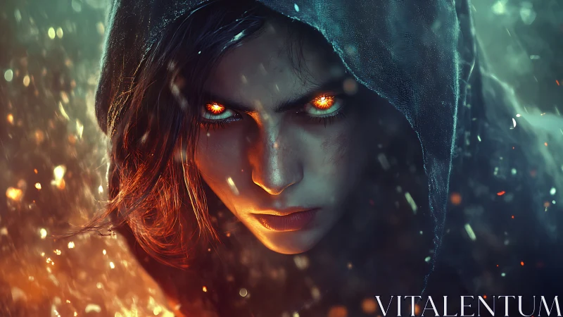 Fierce hooded sorcerer with burning eyes in swirling embers.