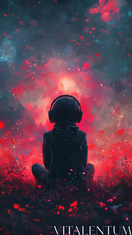 Solitary listener immersed in cosmic red soundscape.