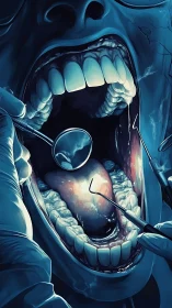Dentist examines open mouth with tools under harsh lighting