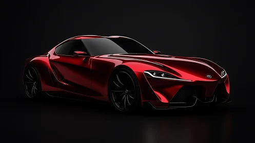 Red sports coupe concept car on dark studio background.