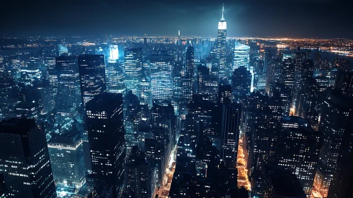 Dense nighttime city skyline shows illuminated high-rises