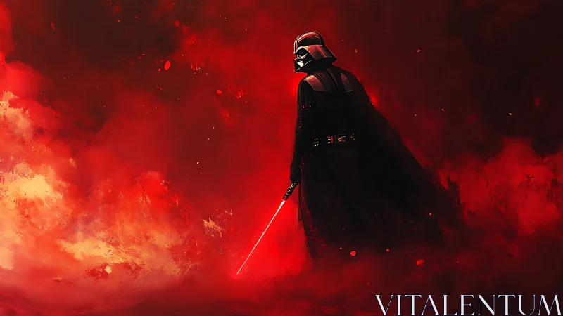 Armored dark figure in red nebular haze wields energy blade