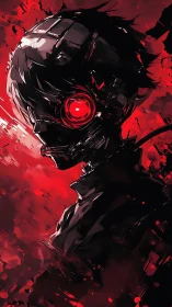 Cybernetic silhouette with crimson ocular implant profile.