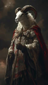 Noble ram knight stands in ornate armor and crimson cloak