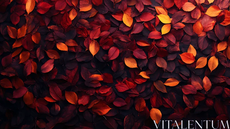 Chromatic macro array of red-orange autumn foliage on dark ground.