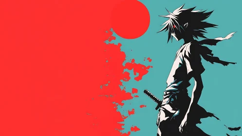 Lone anime swordsman beneath a blazing crimson sun.