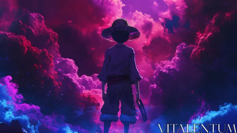 Anime wanderer framed by neon storm clouds at twilight.