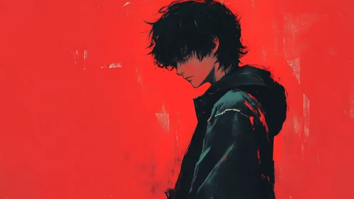 Digital painting profile study with stark red negative space.