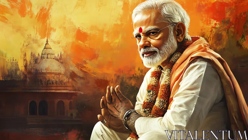 Elderly spiritual leader in saffron before glowing temple