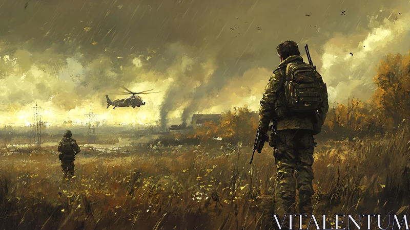 Armed soldiers observing combat helicopter over ruined wetland