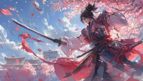 Kinetic samurai under cherry blossoms in dynamic battle stance.