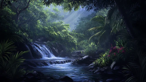 Diffuse backlit rainforest cascade renders atmospheric depth