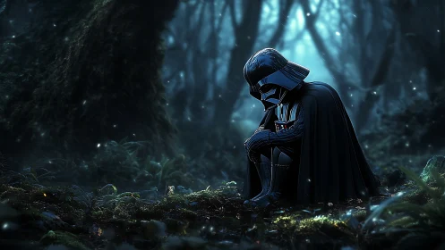 Solitary armored figure in misty bioluminescent forest scene.