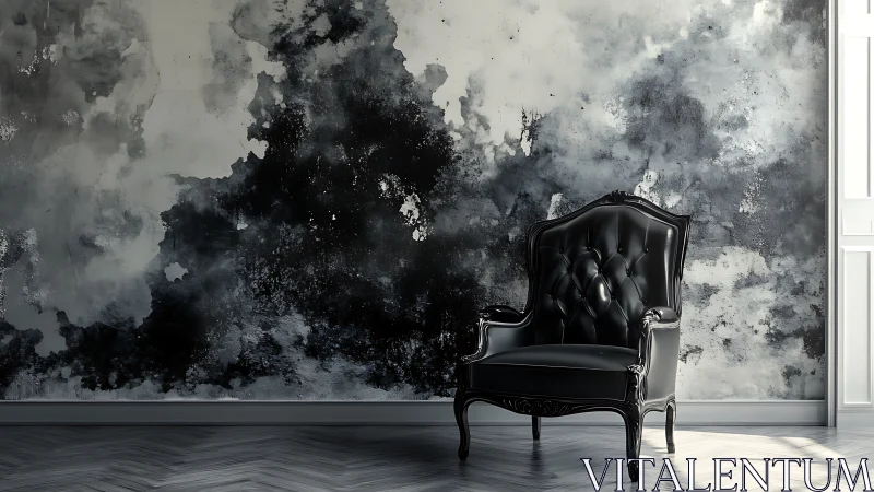 Baroque black leather armchair against monochrome abstract wall