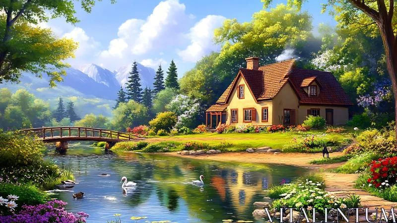 Sunny cottage beside a reflective pond radiates calm beauty