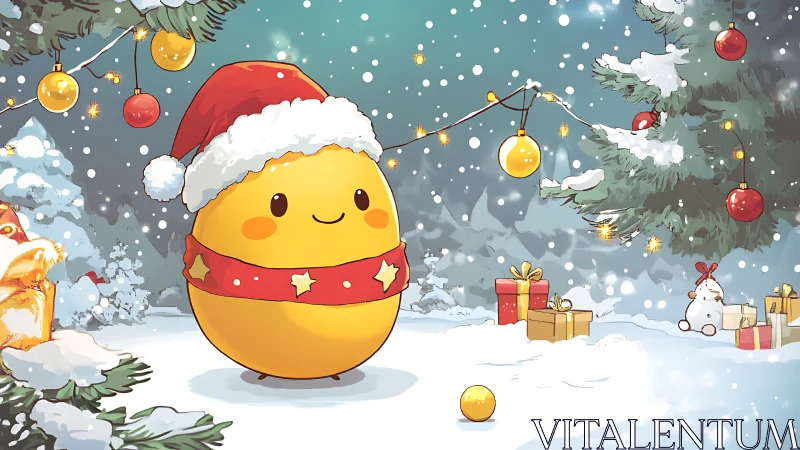 Cheerful yellow friend enjoys a snowy, sparkling Christmas night