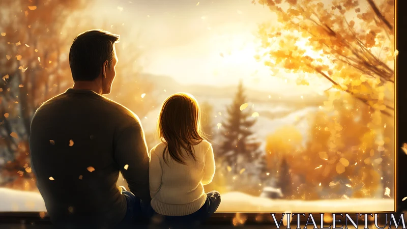 Father and Child Window Gaze into Golden Autumn.