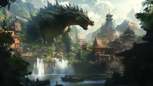 Giant reptilian creature over dense riverside temple city.