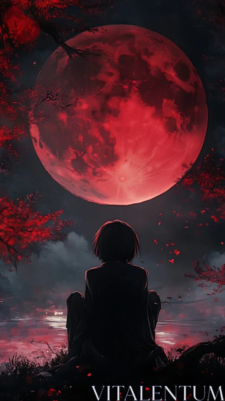 Solitary figure contemplates a looming crimson moon