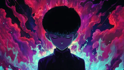 Psychic boy silhouette framed by neon cosmic energy cloud