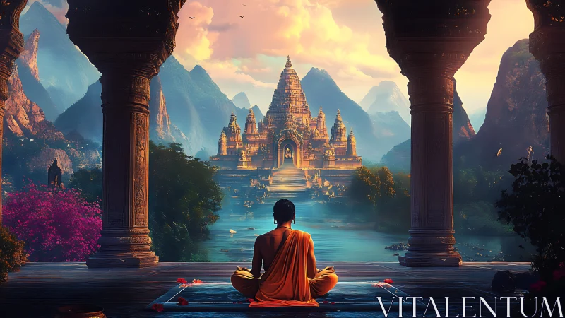 Monk in orange robe meditating before river temple at dawn.