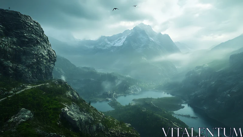 Mist-laced alpine valley with lake and distant fortress view.