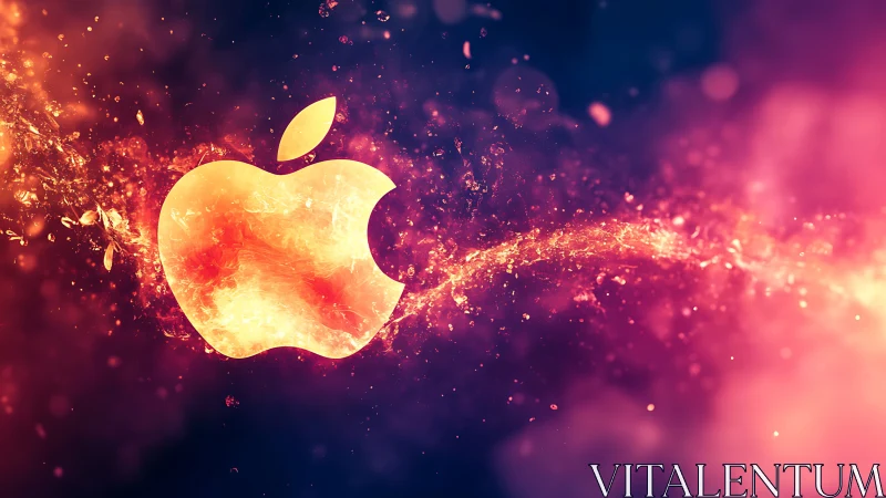 Flaming fruit logo streaks through a neon cosmic river