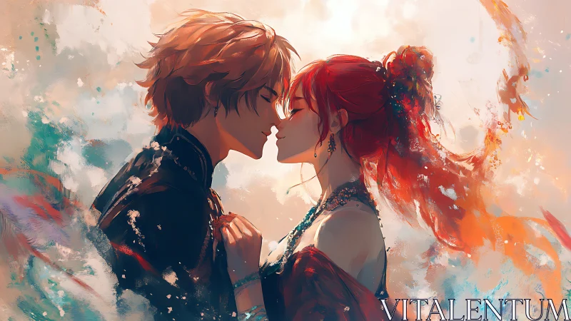 Two anime characters lean in to kiss amid swirling colors