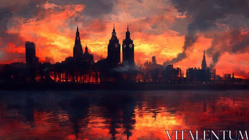 Industrial city skyline in intense red sunset glow.