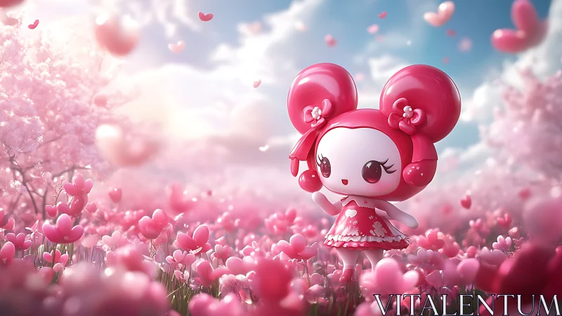 Sweet-hearted toy girl wandering a dreamy pink meadow.