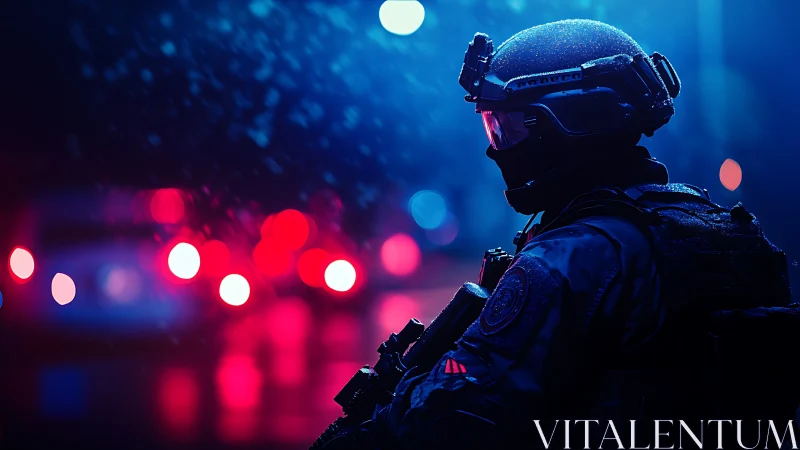 Neon-soaked tactical sentinel in rain-slick midnight streets.