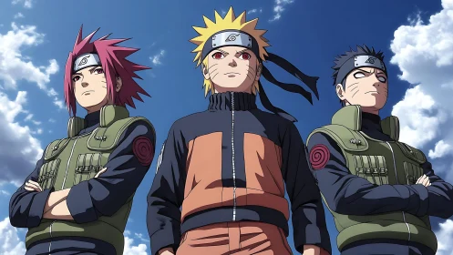 Three determined ninja stand under bright drifting clouds.