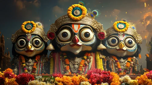 Jagannath festival idols in ornate floral procession scene.