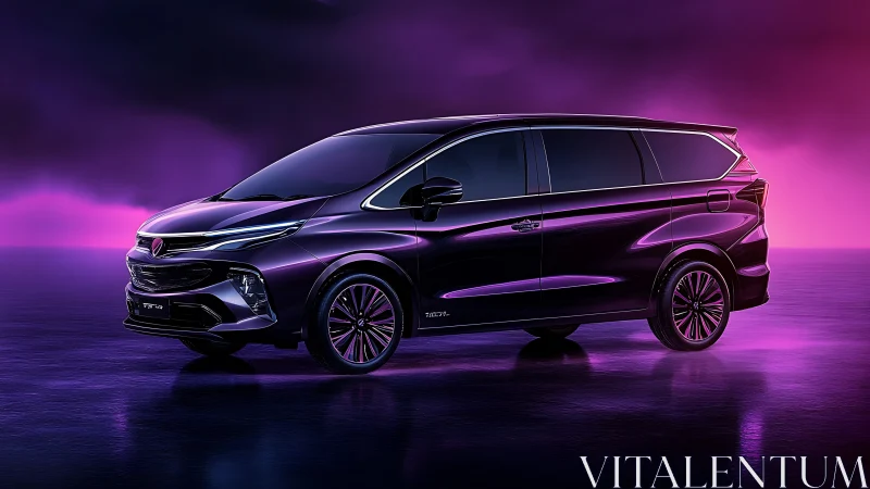 Purple minivan in side view against neon magenta backdrop.