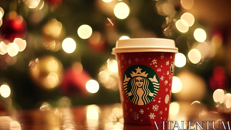 Holiday coffee cup glows like a tiny hearth amid bokeh stars
