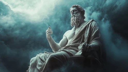 Majestic stone god sits calmly above swirling storm clouds