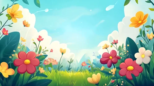 Whimsical spring meadow with stylized blooming flowers