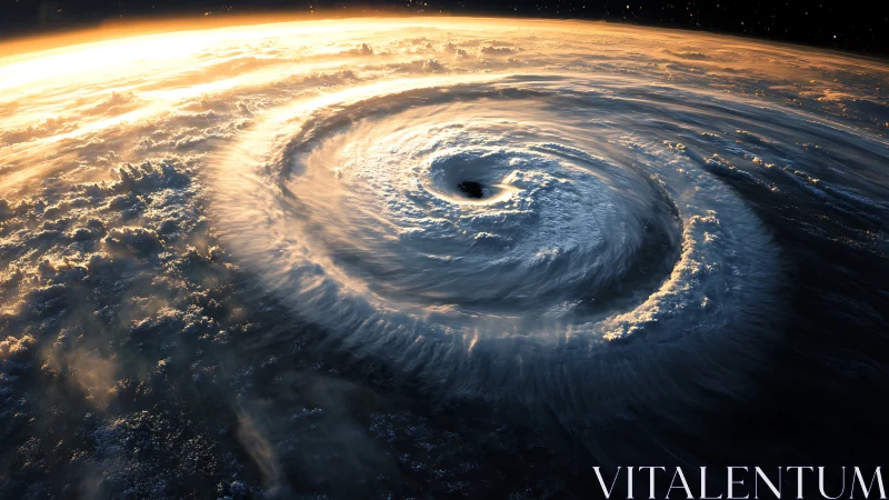 Planetary cyclone vortex under sunrise rim lighting viewed from orbit.