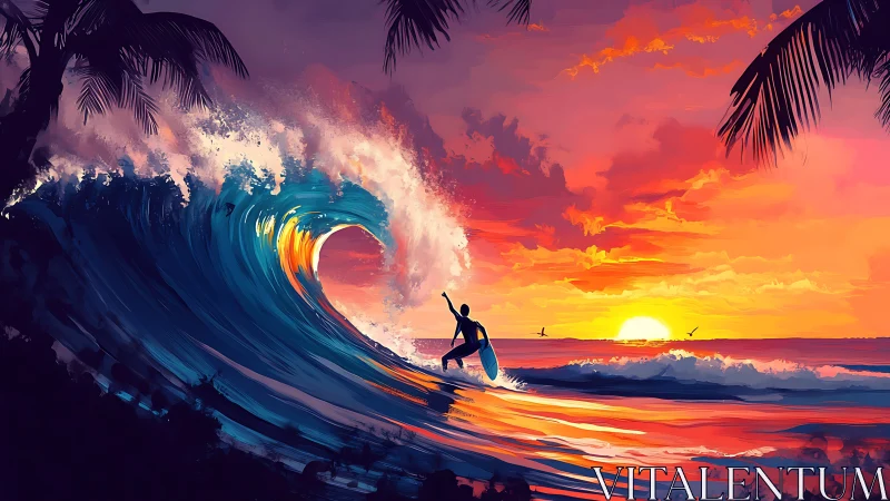 Surfer silhouettes against chromatic sunset barrel wave