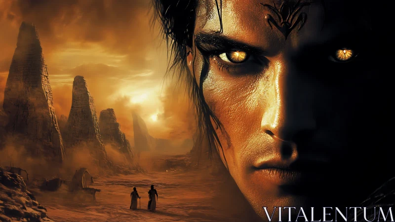 Desert warlock gaze over burning alien sandstone valley.