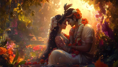 Two souls converge in bioluminescent gardens of devotion.