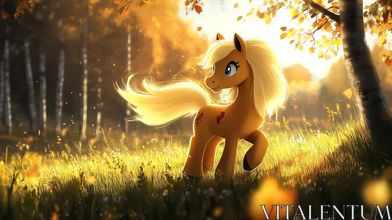 Golden pony wandering through sunlit autumn meadow.