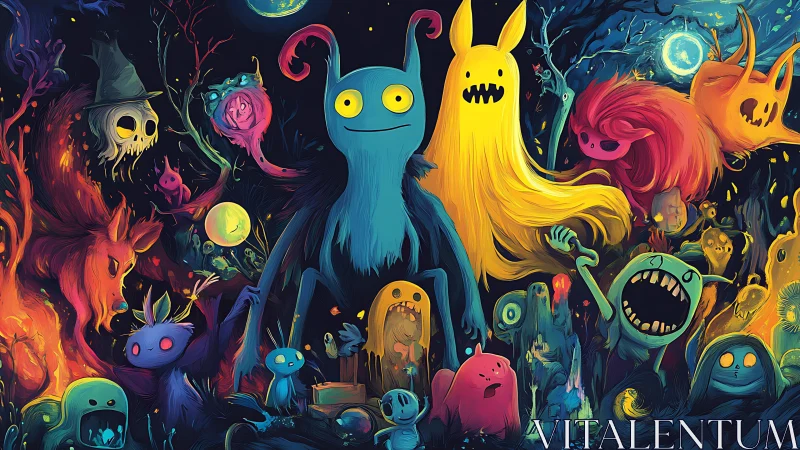 Surreal neon monster ensemble forms a chaotic nocturnal tableau