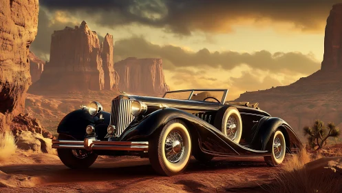 Vintage roadster rendered in photorealistic desert sunset lighting
