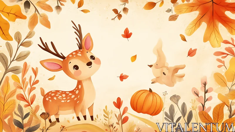 Cute deer and squirrel in warm autumn forest scene.