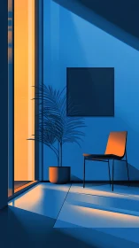 Minimal interior corner with chair, plant, and strong light.