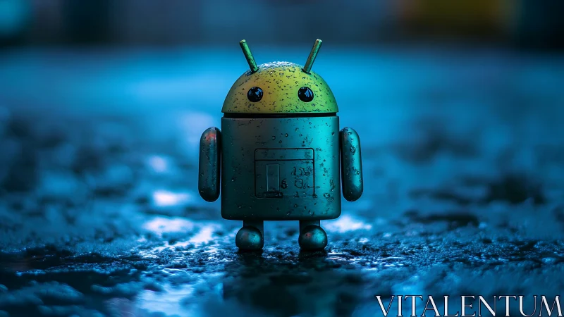Rain-soaked android mascot stands on neon-lit wet asphalt