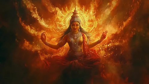 Digital painting of fiery seated goddess in radial symmetry.
