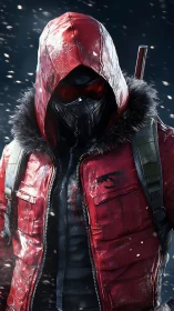 Winter rogue in a crimson hooded jacket under falling snow.